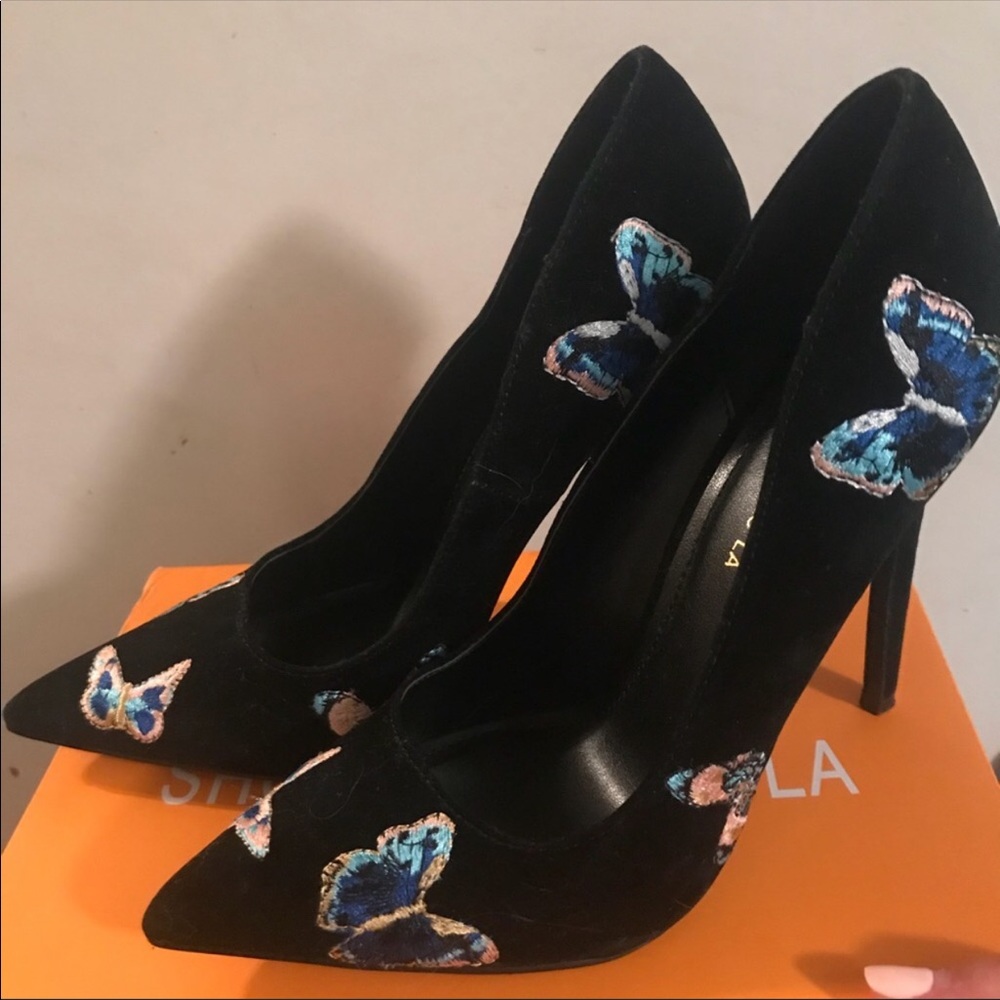 suede embroidered butterfly stiletto heel